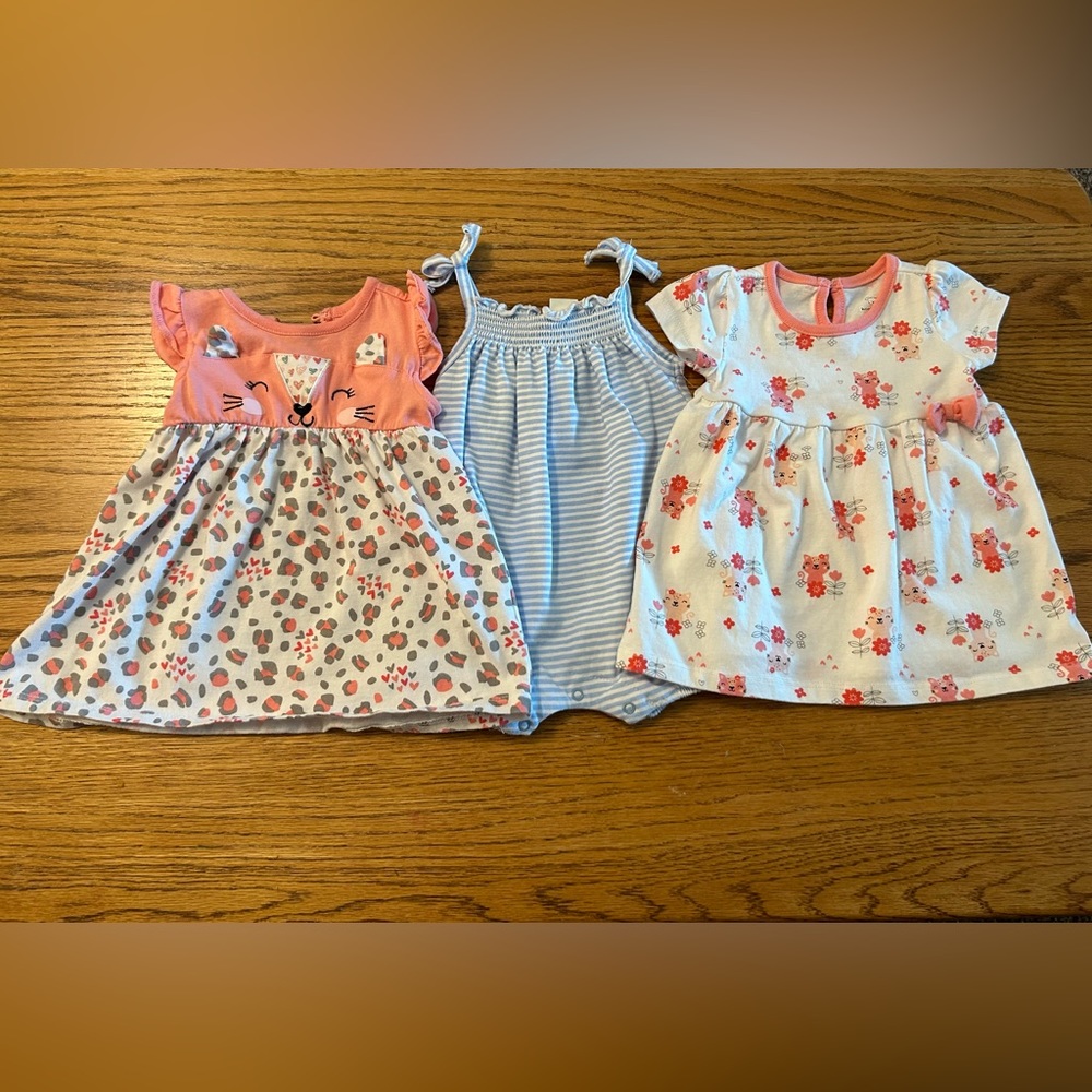 2 Kitty Dresses and Striped Romper Bundle- 6 months